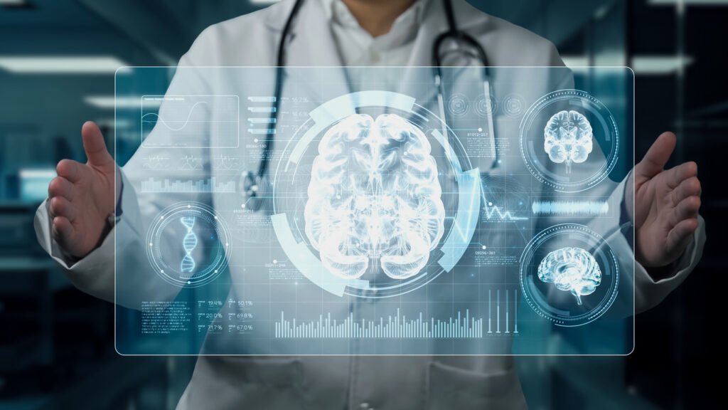 close up of doctor holding brain anatomy hologram floating at lab. remedial.