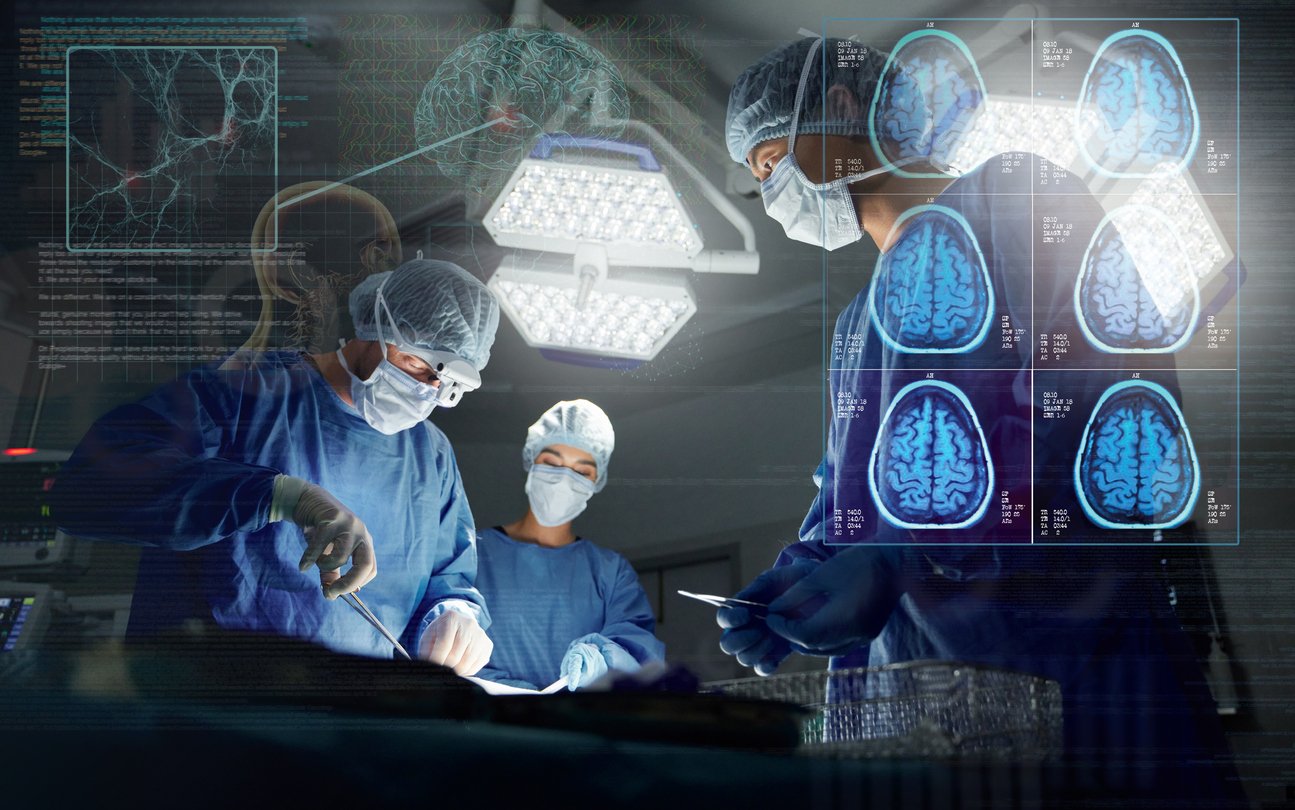 surgery, team and overlay neurology working research operation or hospital theater, confident or patient trust. male person, hands and professional tools for brain anatomy, skull or medical doctors